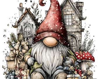 10 imágenes prediseñadas PNG de gnomos navideños y setas navideñas.