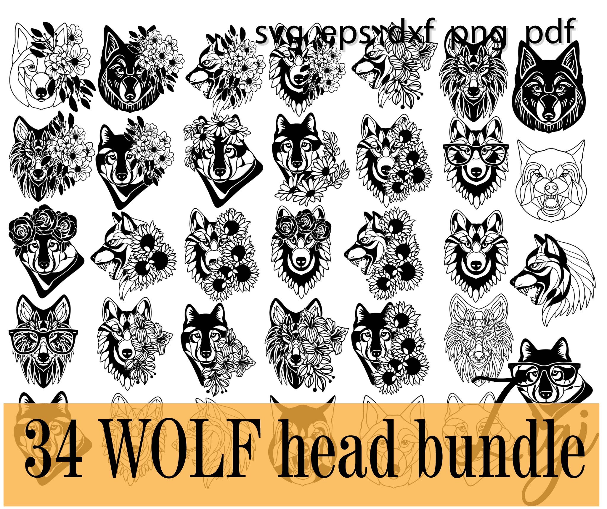 Wolf with flowers svg flower crown bundle cricut vector | Etsy