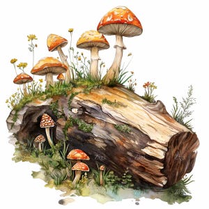 17 champignons forestiers sur une bûche PNG Clipart, champignons vénéneux orange avec de la mousse et des fleurs sauvages, illustration de champignons des bois