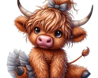 May include: A brown and white Highland cow calf with a fluffy brown mane and a gray bow in its hair. The calf is wearing a gray tulle tutu and is sitting on a white background.