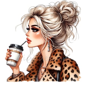 Mujer elegante con café Clipart 12 PNG - Dama rubia elegante con chaqueta con estampado de leopardo para proyectos de arte digital y artesanía