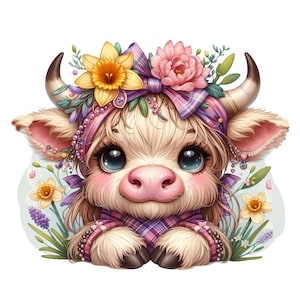 10 PNG de vaca das terras altas da primavera – clipart fofo de bezerro floral com faixa na cabeça e narcisos – arte de animais de fazenda para berçário, camisetas ou artesanato