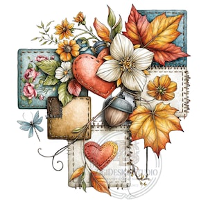 Puede incluir: Una ilustración digital que presenta una composición de patchwork de cuadrados de tela con bordes cosidos, decorada con corazones naranjas y rojos, hojas de arce otoñales, flores blancas, flores amarillas, rosas rosadas y una libélula azul.
