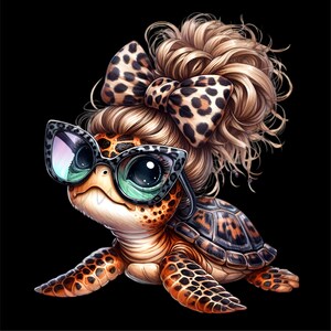 May include: A cartoon sea turtle with a blonde bun, wearing leopard print sunglasses and a leopard print bow. The turtle has a brown and black shell.