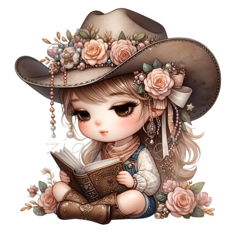Cowgirl Girl PNG Clipart Reading Book with Floral Hat, Boots, and Roses – Cute Western Country Art Download
