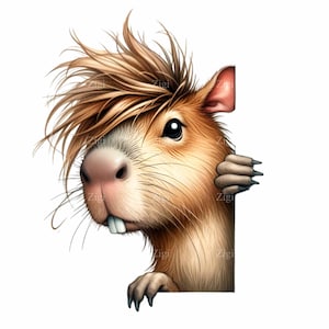 12 Capybaras furtifs PNG - Capybara drôle de bande dessinée avec des cheveux hirsutes - Clipart animal original pour des tasses, des autocollants, des cartes, des vêtements amusants