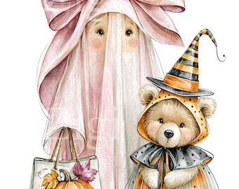 12 PNG Pink Ghost Bear, Witch Hat Pumpkin Bag Autumn Halloween Graphic