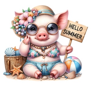 10 imágenes PNG de cerditos de verano: cerdito en bikini floral con gafas de sol, pelota de playa, conchas y letrero. Descarga digital.