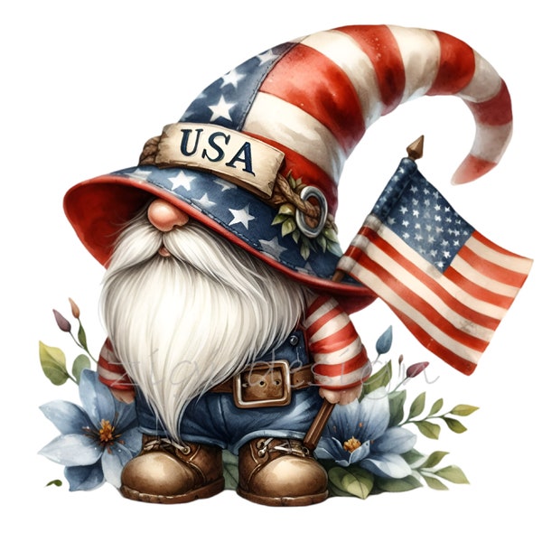Patriotic Gnome Clip Art, 4th of July Clipart, 15 PNG USA American Flag Illustration, Printable, Teacher Shirt, Kids School Shirt