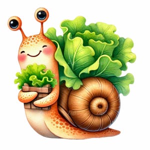 15 Clipart PNG escargot heureux avec laitue, escargot de jardin mignon tenant la salade, art animalier aquarelle drôle, téléchargement numérique instantané