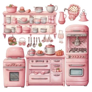 Retro Kitchen Clipart PNG 25 Pink Watercolor Baking Cooking - Etsy