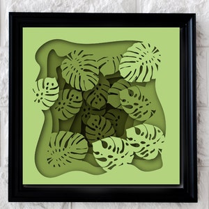 Feuilles de Monstera Shadowbox SVG 3D papier découpé modèle en couches Jungle Nature diorama art mural DXF