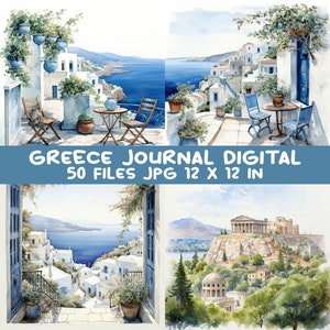 50 images clipart de voyage en Grèce JPEG - 50 pages de journal JPG - scènes d'îles grecques et d'Athènes pour une décoration méditerranéenne, du scrapbooking ou des impressions