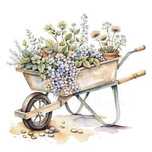May include: A vintage-style wheelbarrow filled with a variety of potted plants, including blue and purple flowers, green foliage, and brown clay pots. The wheelbarrow is on a light brown surface with scattered coins.