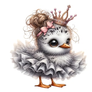 10 schattige ballerinakuiken png-clipart, pluizige babyvogel in tutu met kroon en strik, schattig ballet digitale kunst