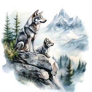 28 JPEG オオカミと子犬の山の風景クリップアート - 自然の中の雄大なオオカミのイラスト - 野生動物の風景 JPEG アート