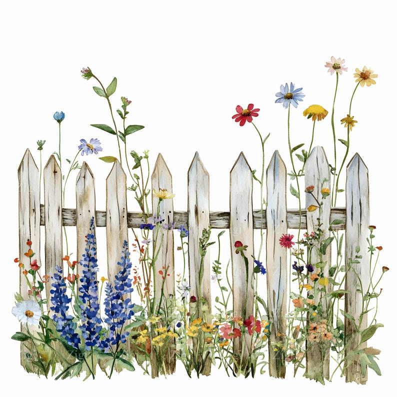 28 JPG Wildflower Garden Fence Illustration, Watercolor Cottage Flowers ...
