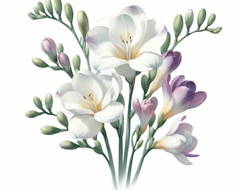 16 PNG Freesia Flowers Clipart, Elegant Floral Bouquet PNG, Spring Botanical Illustration Digital Download