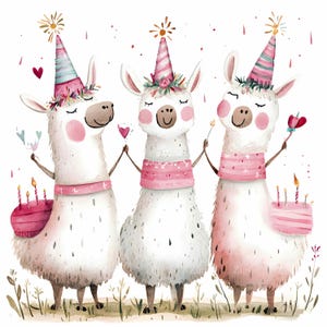 20 JPG Clipart di Lama da festa con cappelli di compleanno e torta - Arte celebrativa ad acquerello - Download immediato