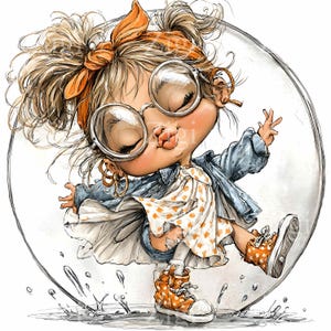 Puede incluir: Ilustraci&oacute;n caprichosa de un ni&ntilde;o dentro de una burbuja. El ni&ntilde;o lleva gafas redondas grandes, una diadema naranja y zapatillas deportivas de lunares naranjas. El ni&ntilde;o viste un vestido blanco con lunares naranjas y una chaqueta vaquera azul.