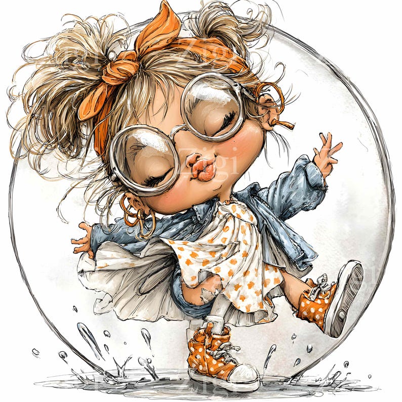 Puede incluir: Ilustraci&oacute;n caprichosa de un ni&ntilde;o dentro de una burbuja. El ni&ntilde;o lleva gafas redondas grandes, una diadema naranja y zapatillas deportivas de lunares naranjas. El ni&ntilde;o viste un vestido blanco con lunares naranjas y una chaqueta vaquera azul.