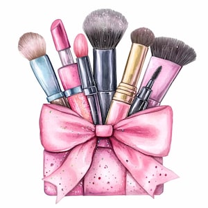 20 Clipart di trucco PNG - Pennelli di bellezza, rossetto e mascara con fiocco rosa glitterato - Glam Digital Download