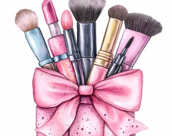 May include: A pink gift box with a bow, filled with makeup brushes and lipstick. The brushes are various sizes and shapes, including a large powder brush, a smaller blush brush, and a few eyeliner brushes. The lipstick is a bright pink color.