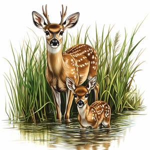 19 imágenes JPEG de escenas acuáticas: imágenes prediseñadas de familia de ciervos. Arte de animales del bosque para habitaciones infantiles, decoración de guarderías forestales, descarga de fauna silvestre.