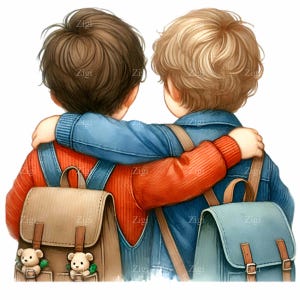 12 Zwei Jungen umarmen sich PNG Clipart, Kinder mit Rucksäcken Illustration, Freundschaft Digital Art Download
