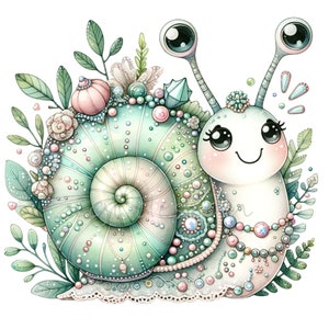 15 Kawaii Schnecke PNG - Niedliche Pastell Schnecke Clipart mit Perlen, Edelsteinen und Pflanzen - Wunderliche Tierkunst für Kinder Dekor, Basteln, Aufkleber