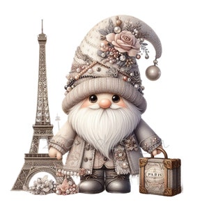 12 Gnomos parisinos PNG Clipart – Lindo gnomo viajero con Torre Eiffel, maleta y perlas – Descarga de arte de viajes francés