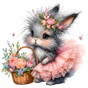 12 Puszysty Króliczek PNG w Tutu z Kwiatowym Koszem PNG Clipart – Fantazyjna i Urocza Ilustracja