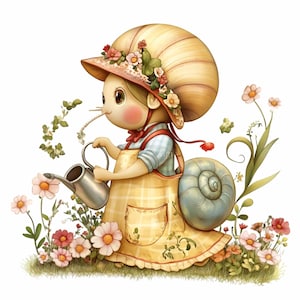 14 PNG Cute Garden Snail Girl PNG Clipart, Snail Character in Apron with Watering Can and Flowers, Whimsical Spring Sublimation Art