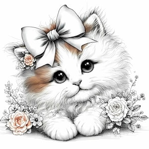 15 JPEG Cute Kitten Clipart With Big Eyes and Floral Bow, Baby Cat JPEG ...