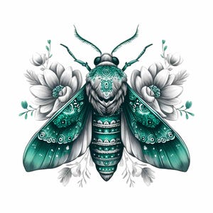 May include: Detailed illustration of a moth with teal and white accents. The moth features intricate patterns on its wings and body, surrounded by white and gray flowers and foliage. The artwork is set against a clean white background.