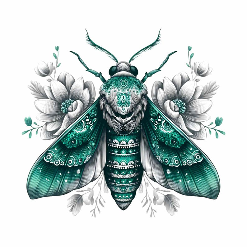 May include: Detailed illustration of a moth with teal and white accents. The moth features intricate patterns on its wings and body, surrounded by white and gray flowers and foliage. The artwork is set against a clean white background.
