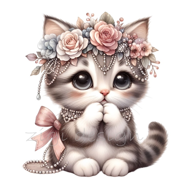 12 PNG Floral Kitten Clipart – Cute Cat PNG – Baby Animal Illustration ...