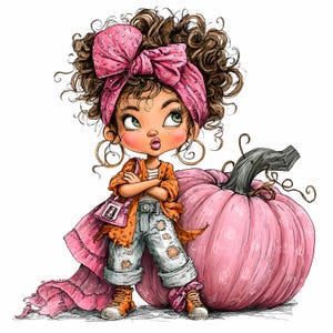 28 JPEG Pumpkin girl clipart – Cute fall cartoon JPG – Pink pumpkin digital art for autumn crafts, planner pages, kids prints, wall decor