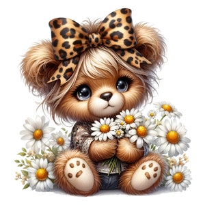 Clip art de lazo de leopardo, clipart PNG de oso con margaritas, 15 PNG de piel de guepardo con estampado animal, camiseta escolar para maestros y niños, taza de sublimación, planificador