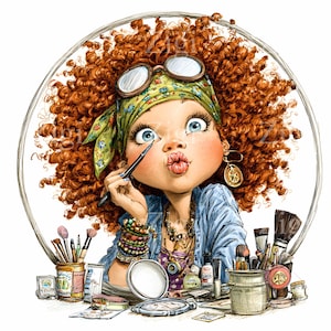 16 Maquillage de fille rousse JPEG - Clipart JPG de coiffeuse - Personnage de dessin animé amusant pour les pages de l'agenda, les impressions de salon, les autocollants, la décoration de chambre d'enfant