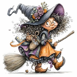 Halloween Witch PNG Whimsical Flying Floral Sorceress Clipart