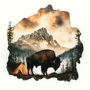 16 imágenes prediseñadas de bisonte de montaña en formato JPEG: JPG de naturaleza salvaje con tienda de campaña y bosque para arte mural de aventuras, impresiones rústicas, decoración de campamentos y manualidades de vida silvestre.