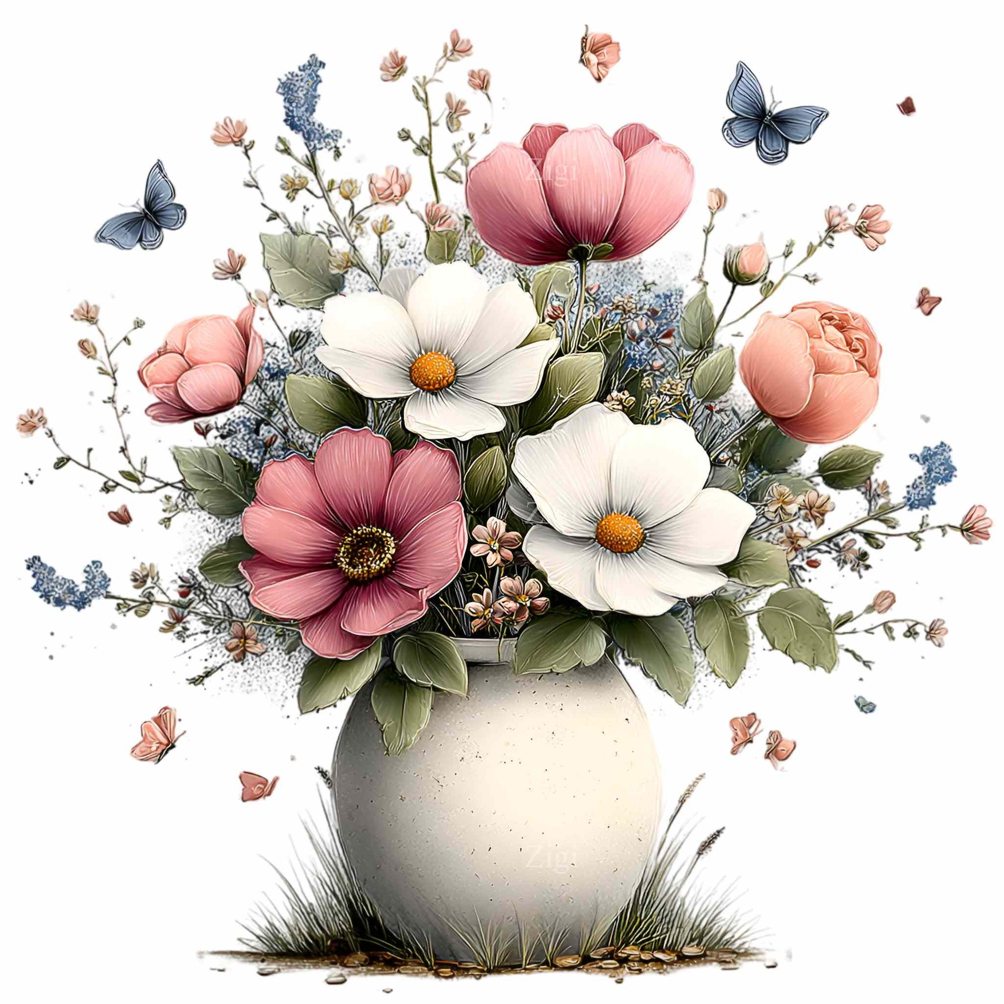 16 PNG Floral Vase Clipart, Watercolor Flower Bouquet, Botanical Spring ...
