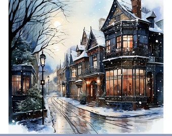 Paris Winter Digital Art Set - Vintage Winter Scene With