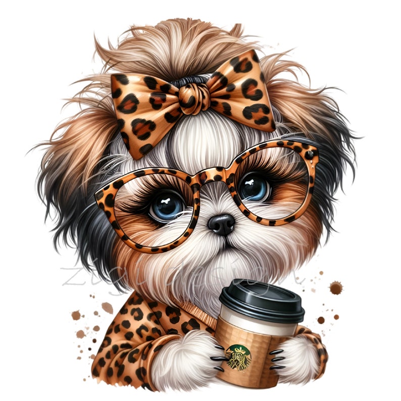 Shih Tzu Clipart, Leopard Bow Clip Art, 12 PNG Coffee Animal Print ...
