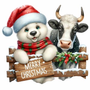 12 PNG de oso y vaca navideños: imágenes prediseñadas de animales de invierno adorables. Arte de granja navideño para sublimación, tarjetas, manualidades infantiles y camisetas.