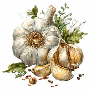 May include: Watercolor illustration of garlic bulbs, cloves, and herbs. The image features two whole garlic bulbs, several cloves, and sprigs of green herbs. Scattered around are peppercorns and red chili flakes, all set against a white background.
