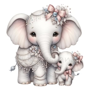 May include: A pair of white elephants with pink accents. The larger elephant is adorned with a pearl necklace, a white lace skirt, and a pink bow. The smaller elephant has a pink bow and a pearl necklace. Both elephants have sparkling eyes.