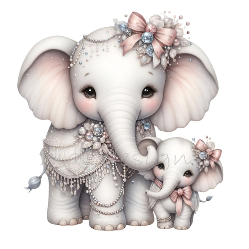 May include: A pair of white elephants with pink accents. The larger elephant is adorned with a pearl necklace, a white lace skirt, and a pink bow. The smaller elephant has a pink bow and a pearl necklace. Both elephants have sparkling eyes.