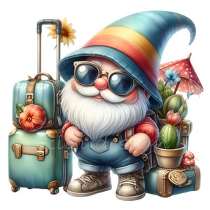 9 reizen kabouter clipart PNG, vakantie kabouter, kabouter met bagage, transparante achtergrond, zomer clipart